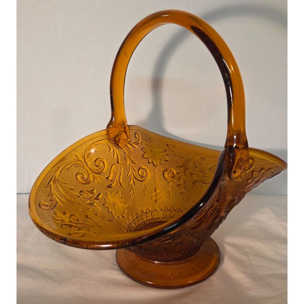 Vintage Amber Glass Basket Footed Floral Pressed Glass Centerpiece